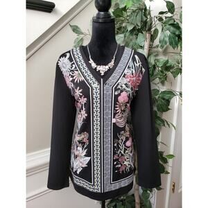 Peck & Peck Tunic Top Women M Black Floral Polyester Long Sleeve V Neck Pullover